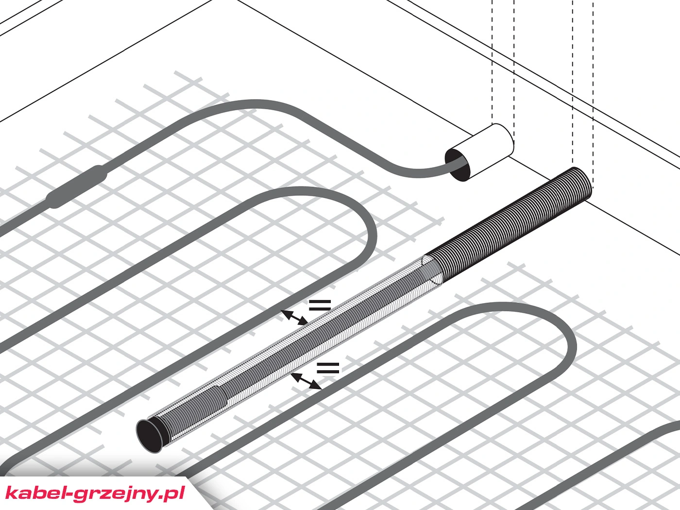 Rurę czujnika temperatury zainstaluj równo pomiędzy żyłami kabla grzejnego