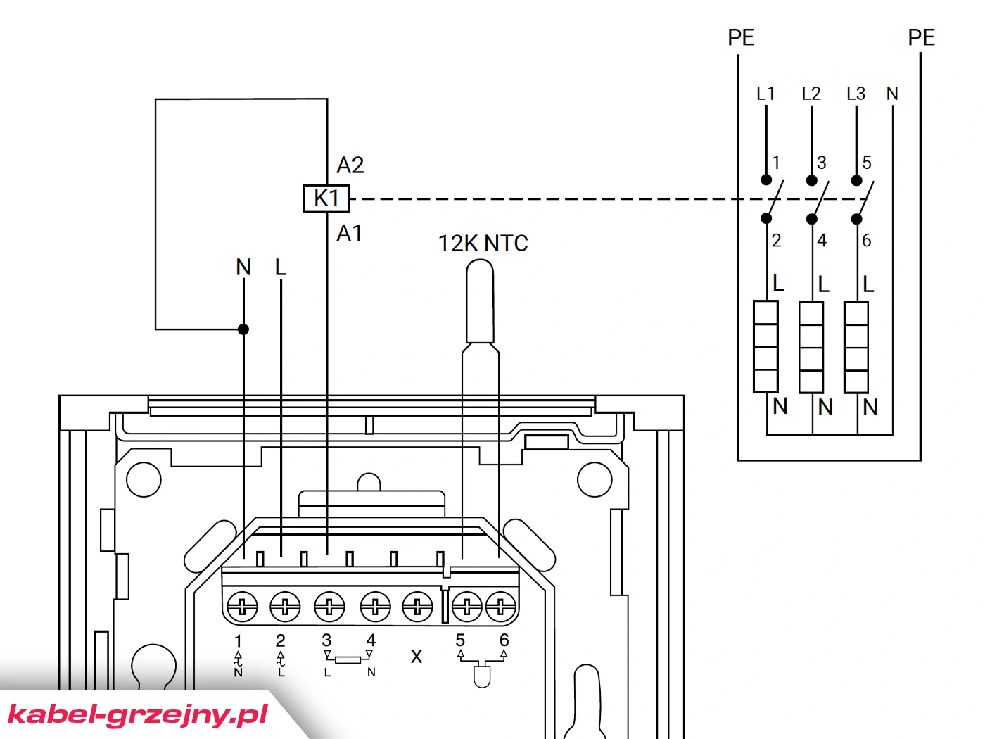 Przykład połączenia stycznika pomocniczego z termostatem pokojowym.