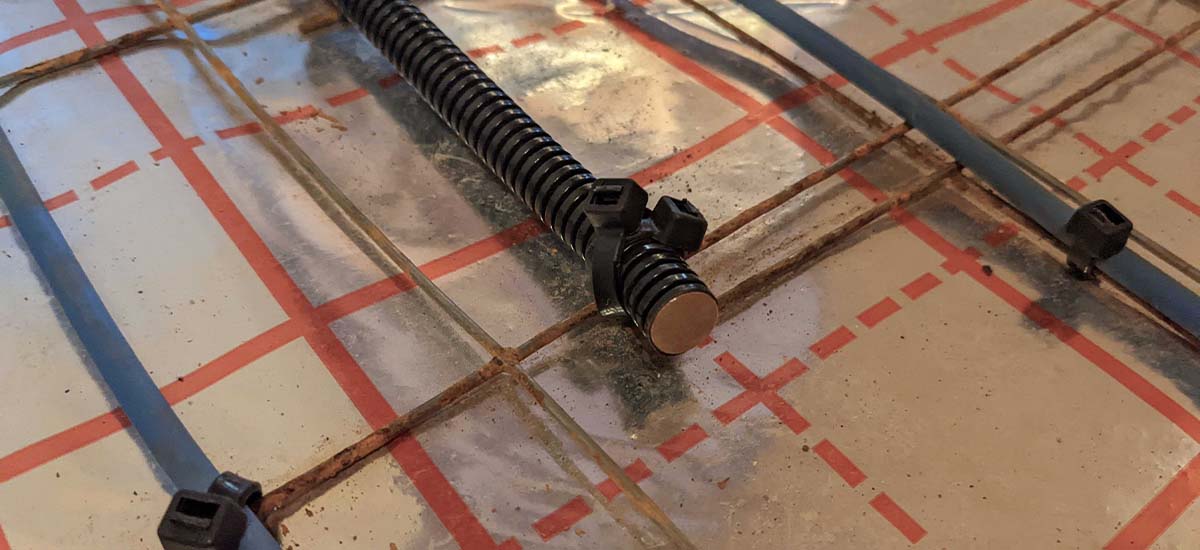 Rura czujnika zamontowana pomiędzy kablami grzejnymi.