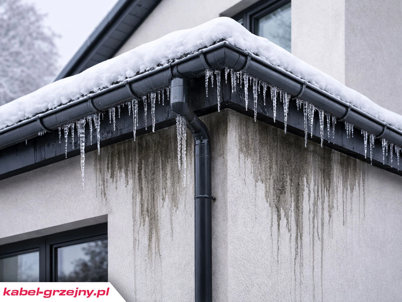Mokra ściana i zacieki pod rynną zimą